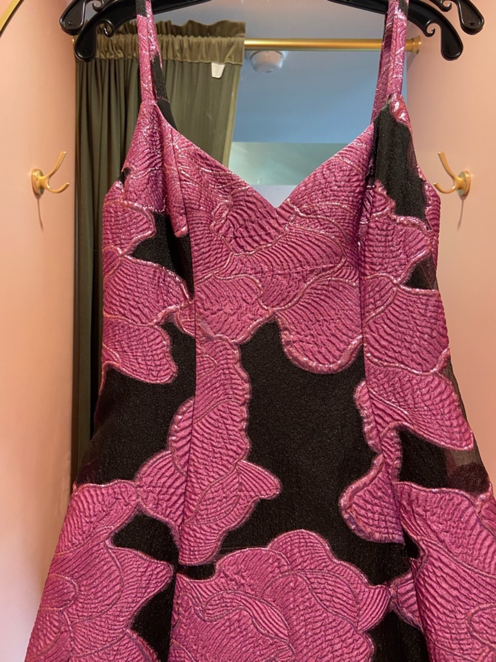 Monique Lhuillier Pink and Black Floral Jacquard Spaghetti-Strap Gown - Picture 3 of 5